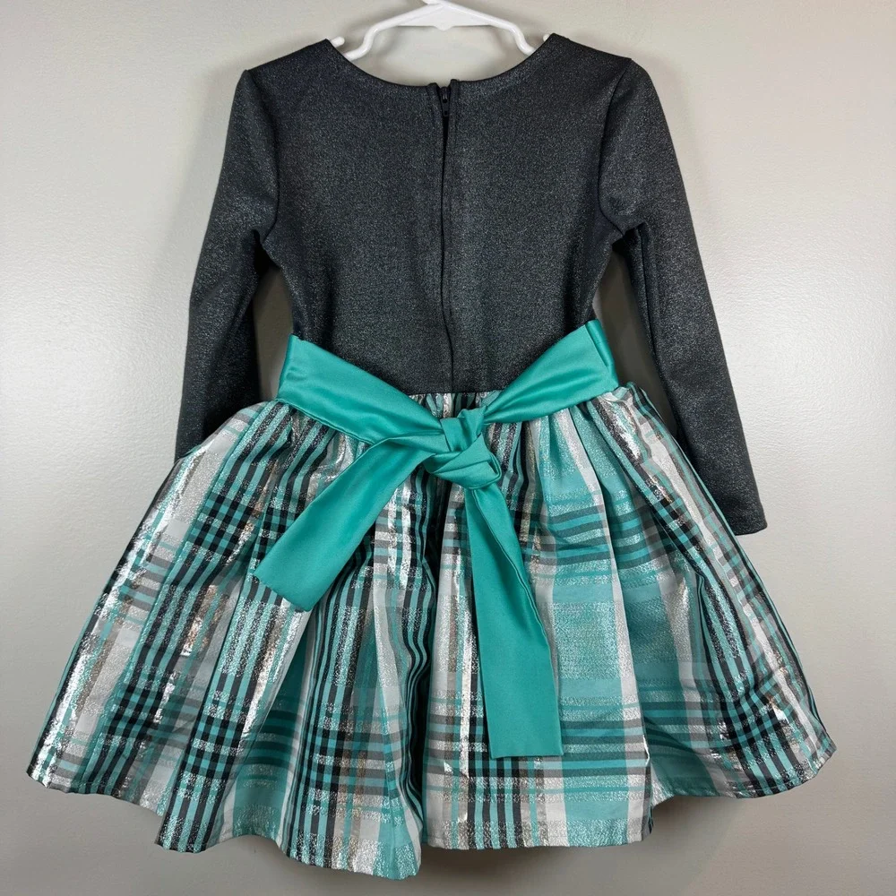 Bonnie Jean Girls 4 Teal Plaid Metallic Holiday Party Dress Long Sleeve Easter‎